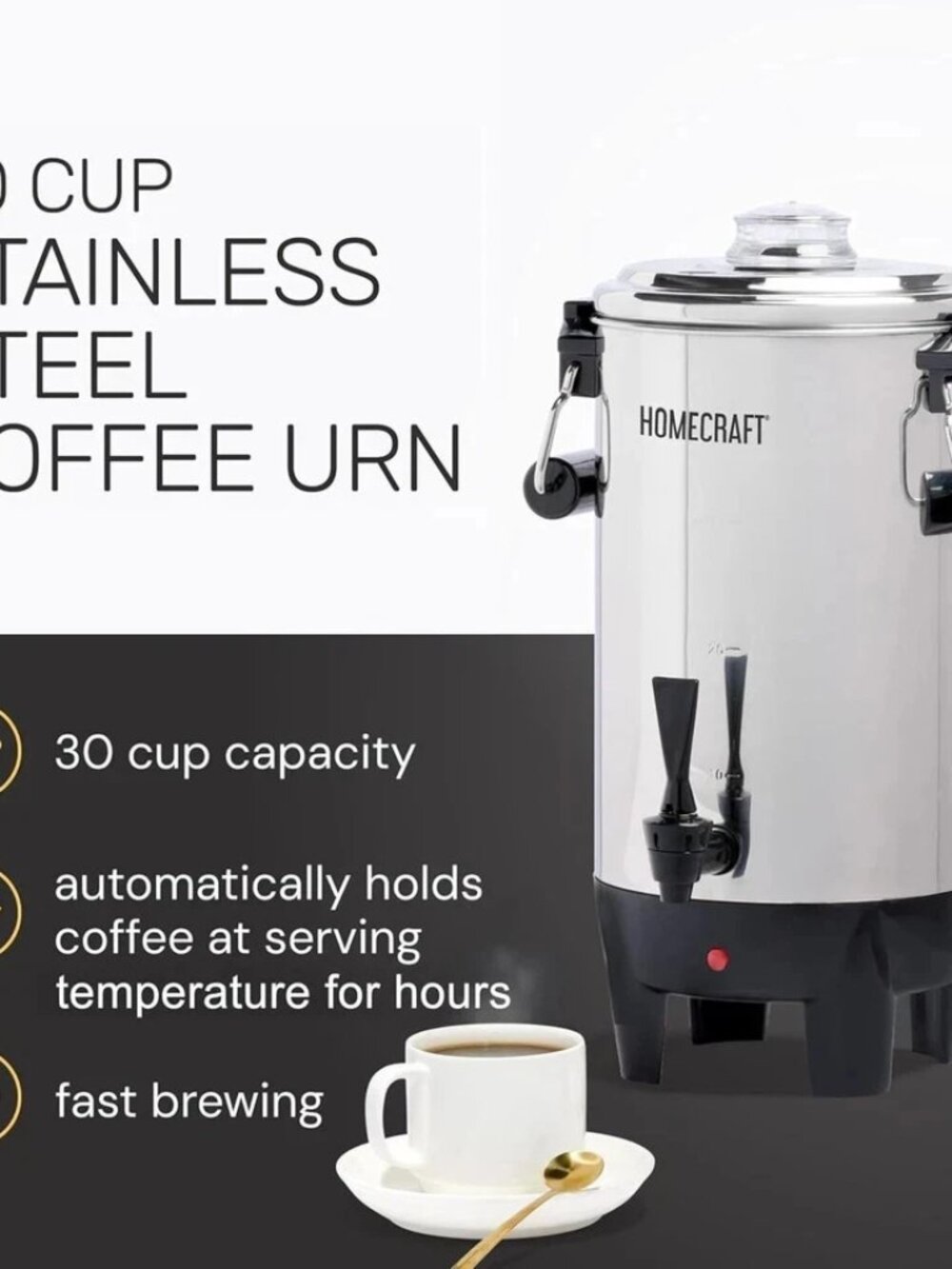HomeCraft HCCU30SS 30-Cup Coffee Urn 1000W Stainless Steel Auto Keep Warm Server